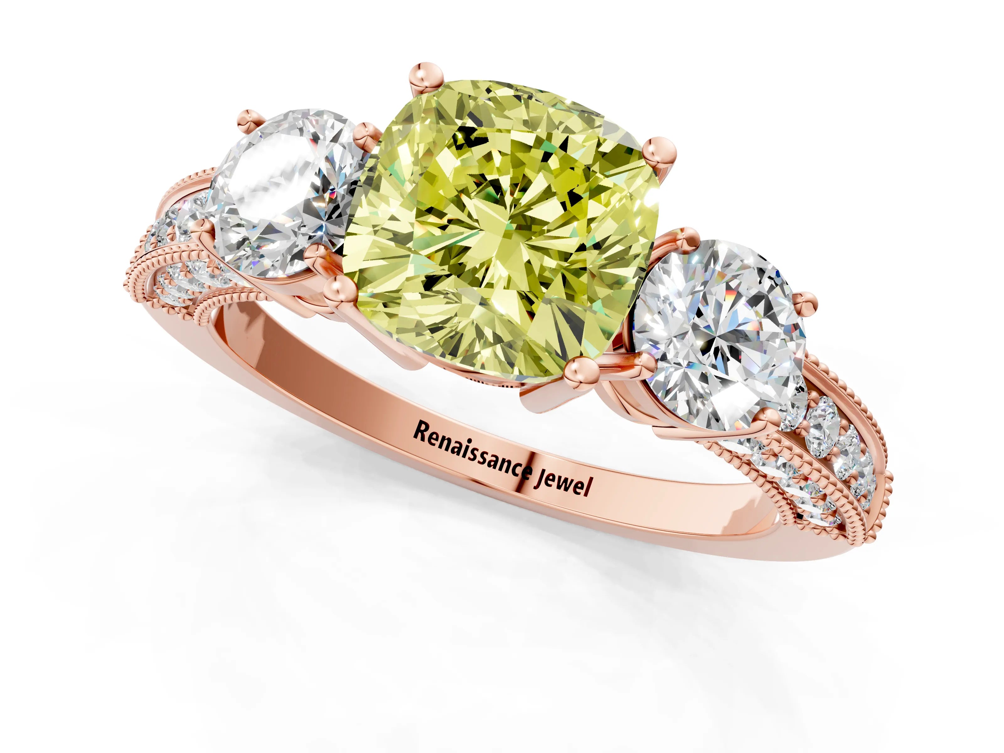 Rose gold Fancy Yellow Cushion Cut Three-Stone Diamond Ring with Pavé Band and Four-Prong Setting_1
