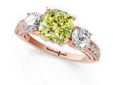 Rose gold Fancy Yellow Cushion Cut Three-Stone Diamond Ring with Pavé Band and Four-Prong Setting_1