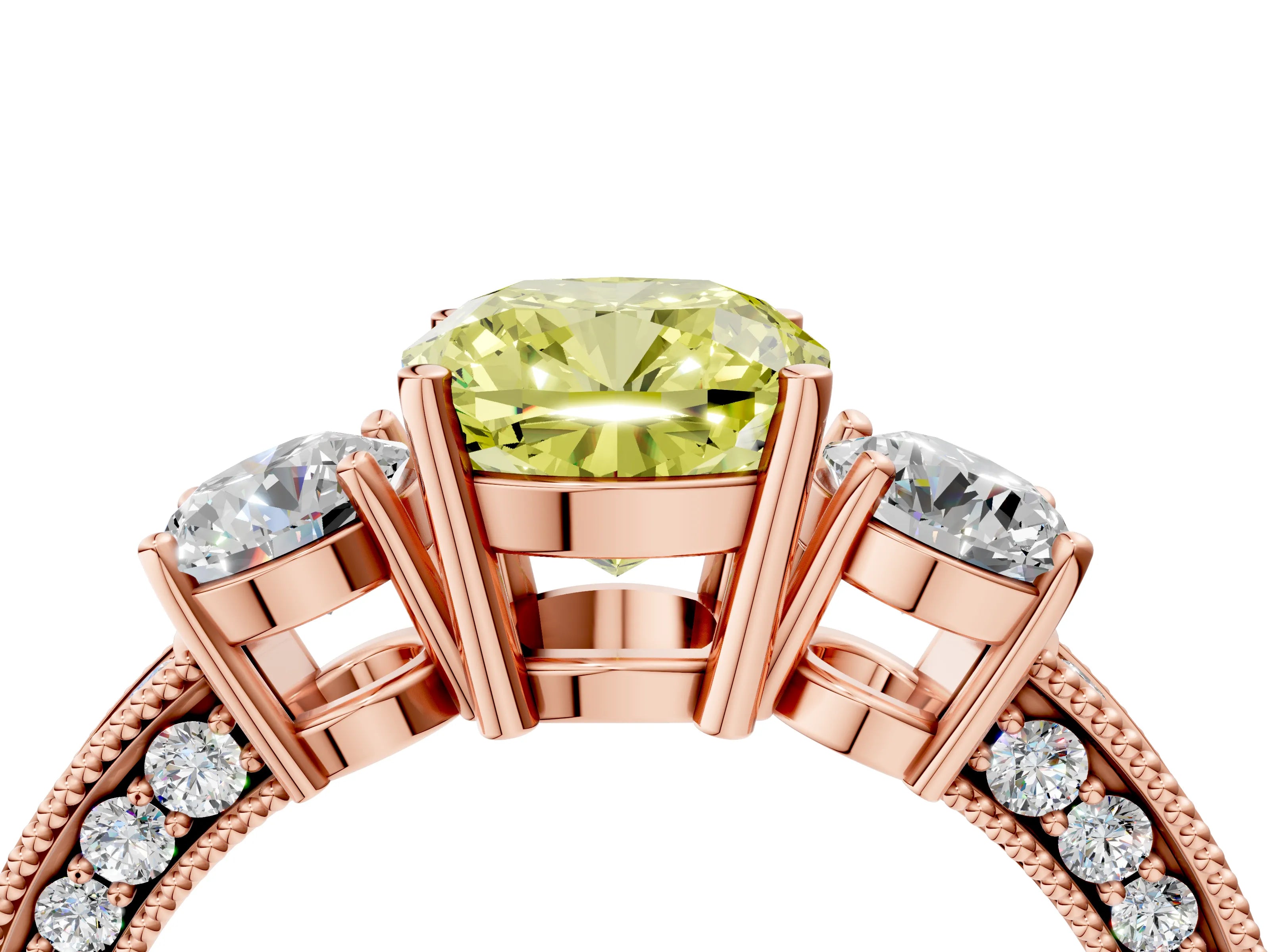 Rose gold Fancy Yellow Cushion Cut Three-Stone Diamond Ring with Pavé Band and Four-Prong Setting_4