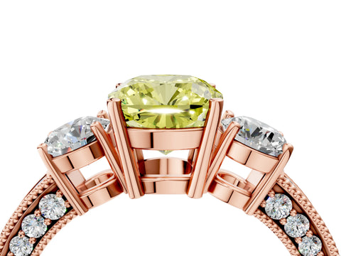 Rose gold Fancy Yellow Cushion Cut Three-Stone Diamond Ring with Pavé Band and Four-Prong Setting_4