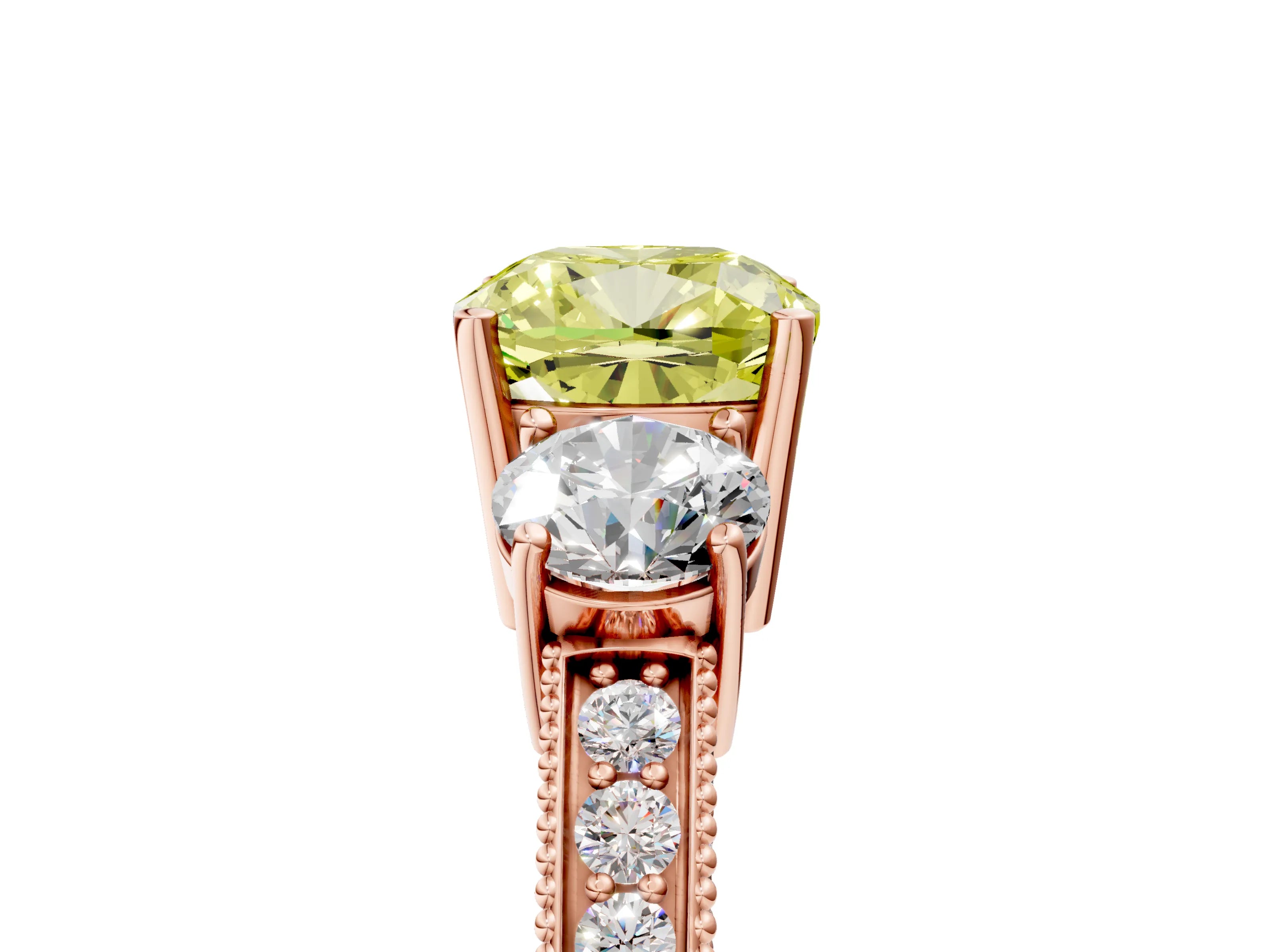 Rose gold Fancy Yellow Cushion Cut Three-Stone Diamond Ring with Pavé Band and Four-Prong Setting_5