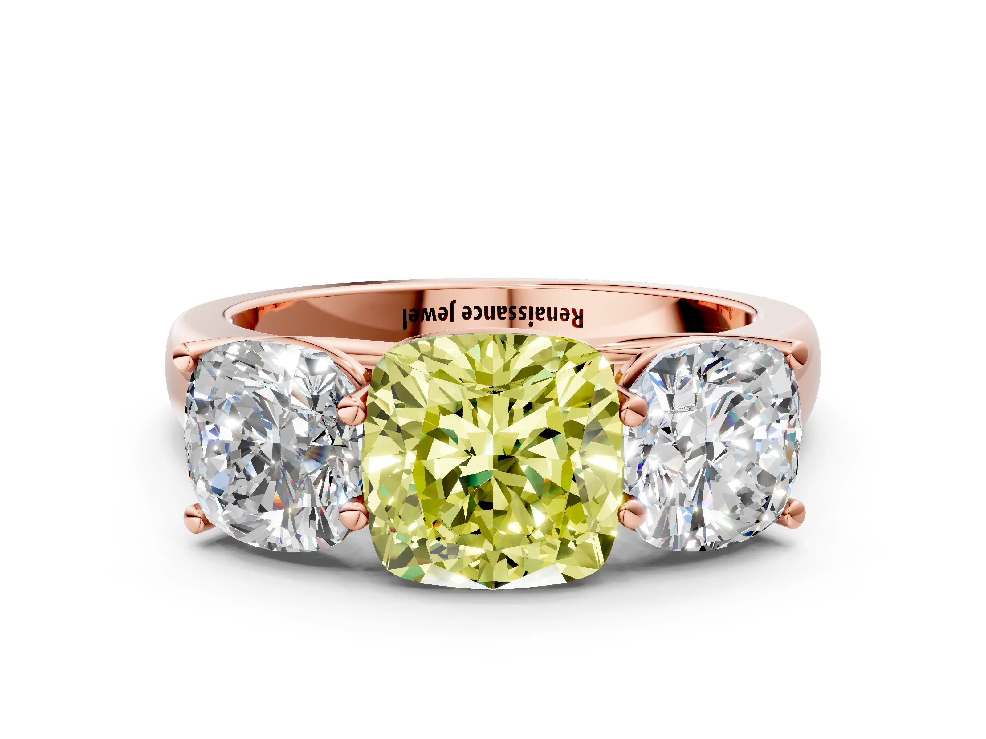 Rose gold Fancy Yellow Cushion Cut Three-Stone Diamond Ring with Prong Setting on a Classic Band