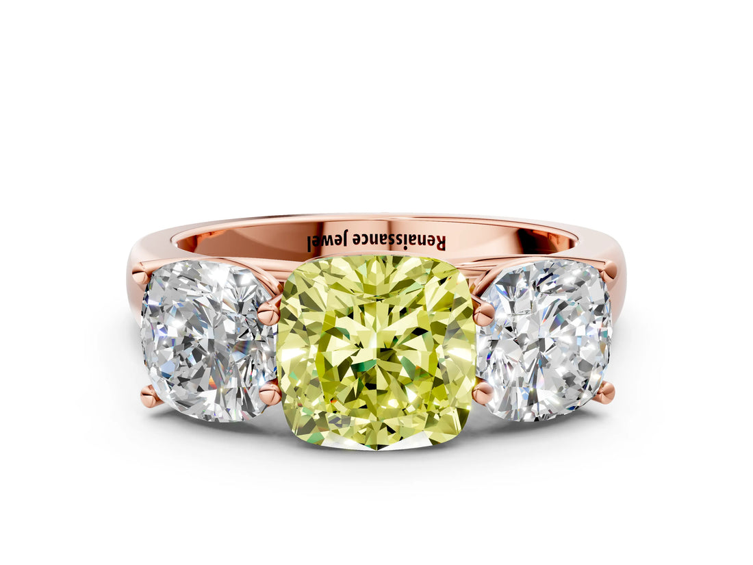 Rose gold Fancy Yellow Cushion Cut Three-Stone Diamond Ring with Prong Setting on a Classic Band_12