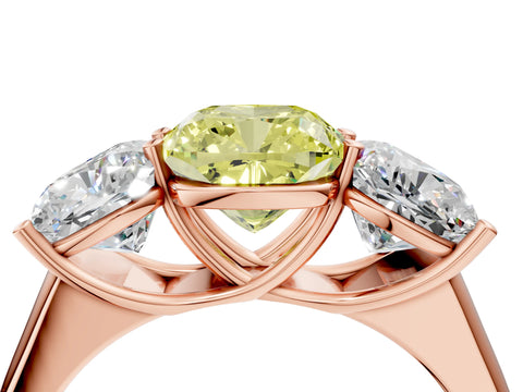 Rose gold Fancy Yellow Cushion Cut Three-Stone Diamond Ring with Prong Setting on a Classic Band_4