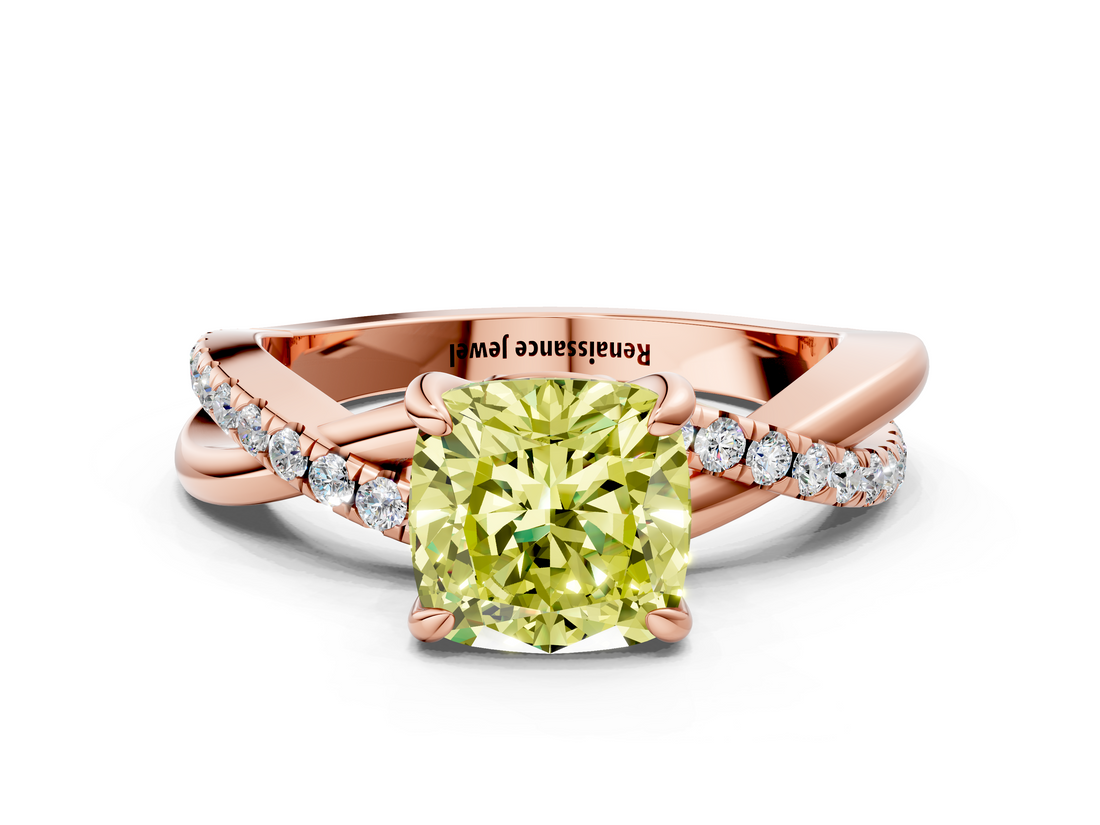 Rose gold Fancy Yellow Cushion  Cut Twist Band Solitaire Diamond Ring with Pavé Setting_3