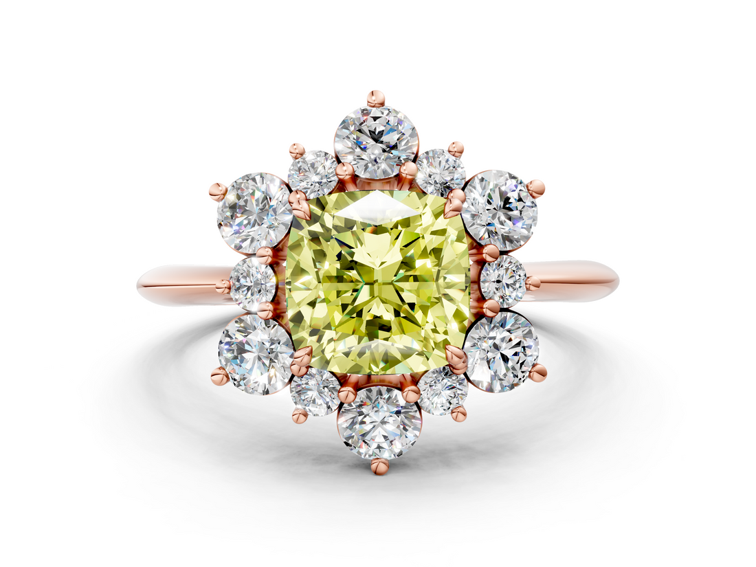 Rose gold Fancy Yellow Cushion  Diamond Cluster Halo Ring with Solitaire Band and Four-Prong Setting_20