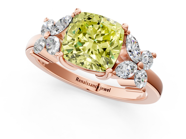 Rose gold Fancy Yellow Cushion  Diamond Floral Cluster Ring with Solitaire Band and Prong Setting