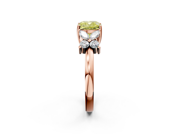 Rose gold Fancy Yellow Cushion  Diamond Floral Cluster Ring with Solitaire Band and Prong Setting