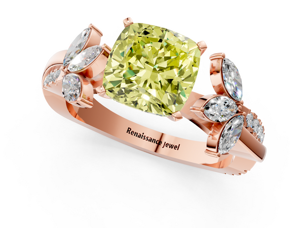 Rose gold Fancy Yellow Cushion  Diamond Floral Vine Solitaire Engagement Ring