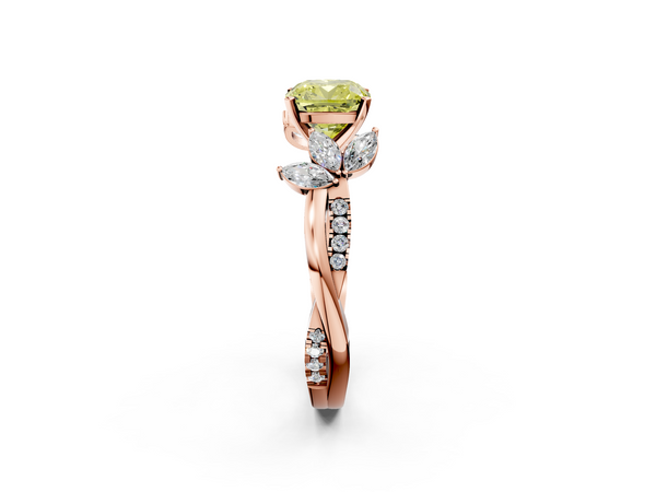 Rose gold Fancy Yellow Cushion  Diamond Floral Vine Solitaire Engagement Ring