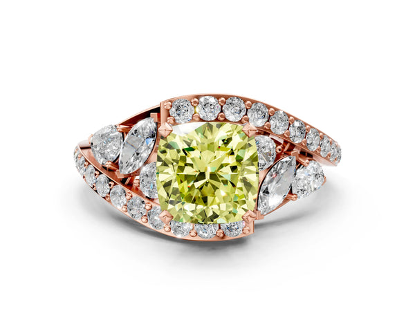 Rose gold Fancy Yellow Cushion  Diamond Halo Ring with Marquise and Pavé Band in Prong Setting