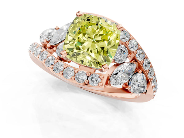 Rose gold Fancy Yellow Cushion  Diamond Halo Ring with Marquise and Pavé Band in Prong Setting