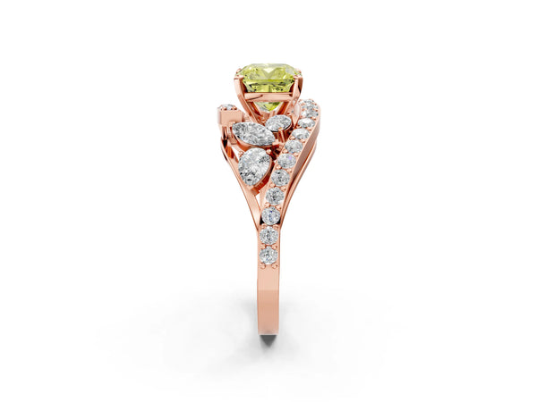 Rose gold Fancy Yellow Cushion  Diamond Halo Ring with Marquise and Pavé Band in Prong Setting
