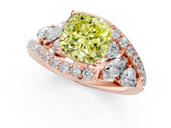 Rose gold Fancy Yellow Cushion  Diamond Halo Ring with Marquise and Pavé Band in Prong Setting