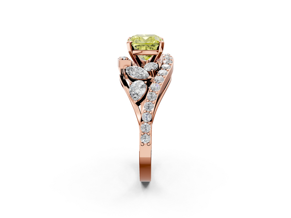 Rose gold Fancy Yellow Cushion  Diamond Halo Ring with Marquise and Pavé Band in Prong Setting