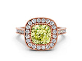 Rose gold Fancy Yellow Cushion  Diamond Halo Ring with Milgrain Frame and Pavé Band