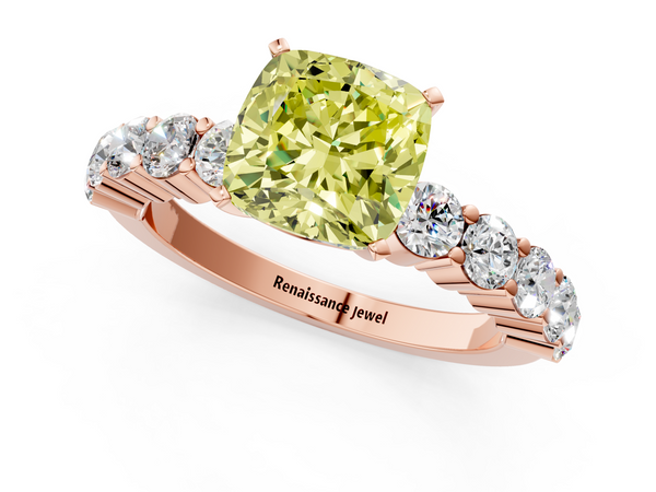 Rose gold Fancy Yellow Cushion  Diamond Solitaire Ring with Shared Prong Round Side Stones
