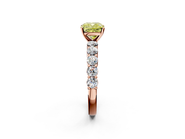 Rose gold Fancy Yellow Cushion  Diamond Solitaire Ring with Shared Prong Round Side Stones