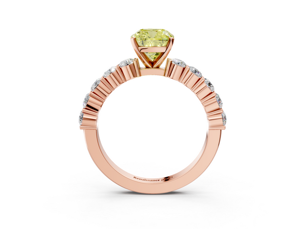 Rose gold Fancy Yellow Cushion  Diamond Solitaire Ring with Shared Prong Round Side Stones