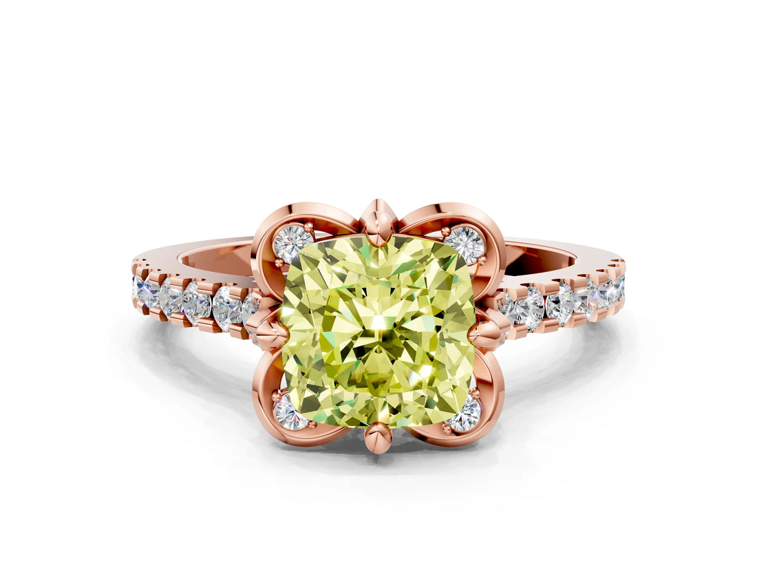 Rose gold Fancy Yellow Cushion  Diamond Pave Band with Floral Prong Setting_27