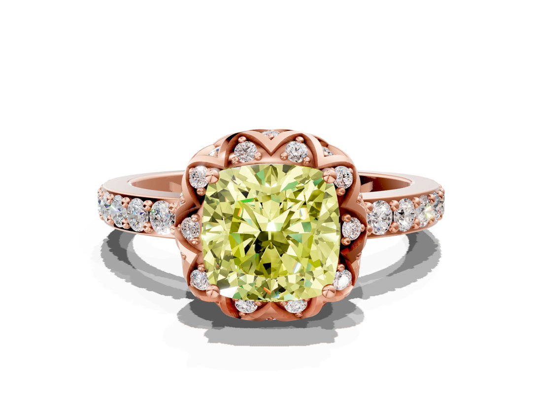 Rose gold Fancy Yellow Cushion  Diamond Solitaire Ring with Shared Prong Pavé Band_54