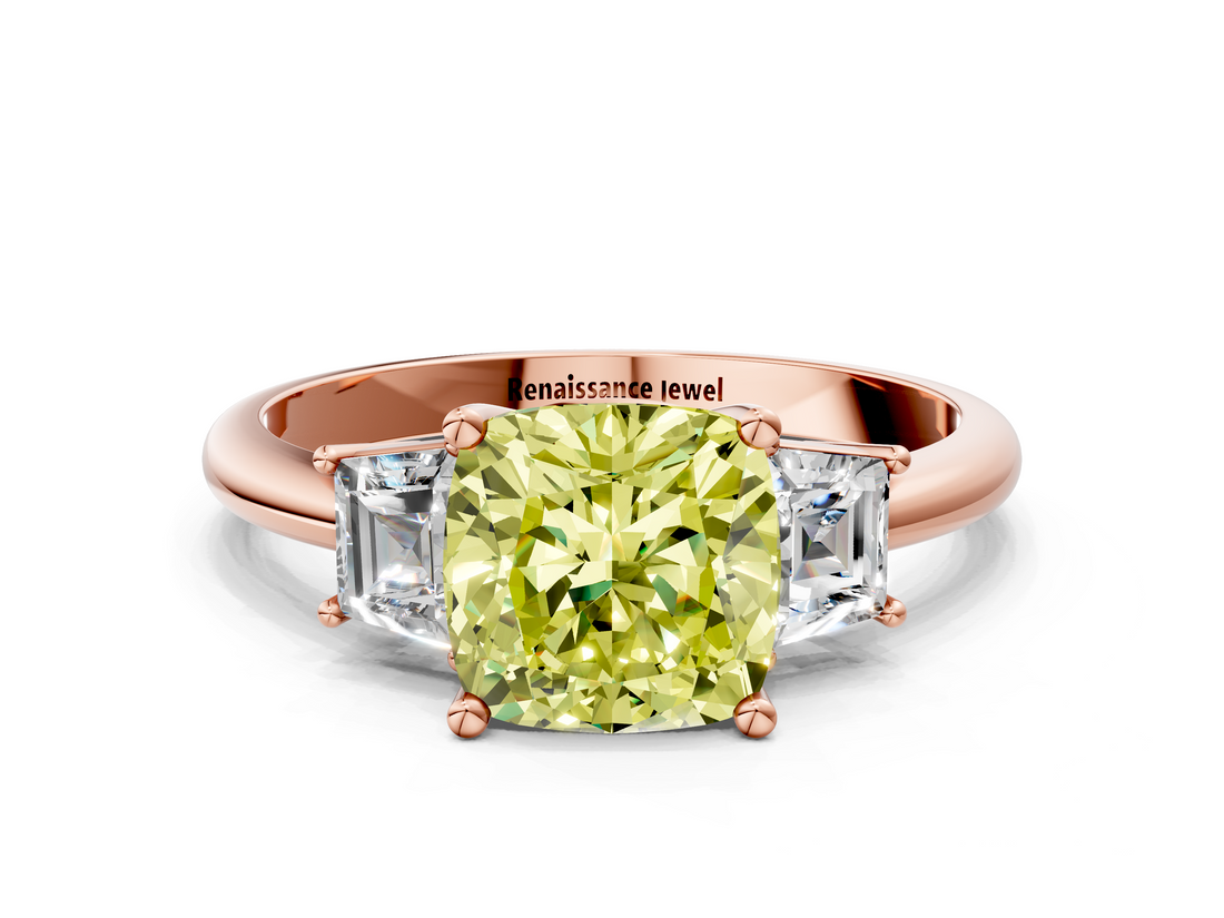 Rose gold Fancy Yellow Cushion  Diamond Three-Stone Ring with Trapezoid Side Stones and Prong Setting_34