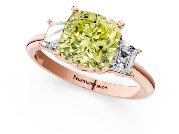 Rose Gold Cushion Cut Three Stone Engagement Ring Setting for Fancy Yellow Center with Trapezoid Side Stones