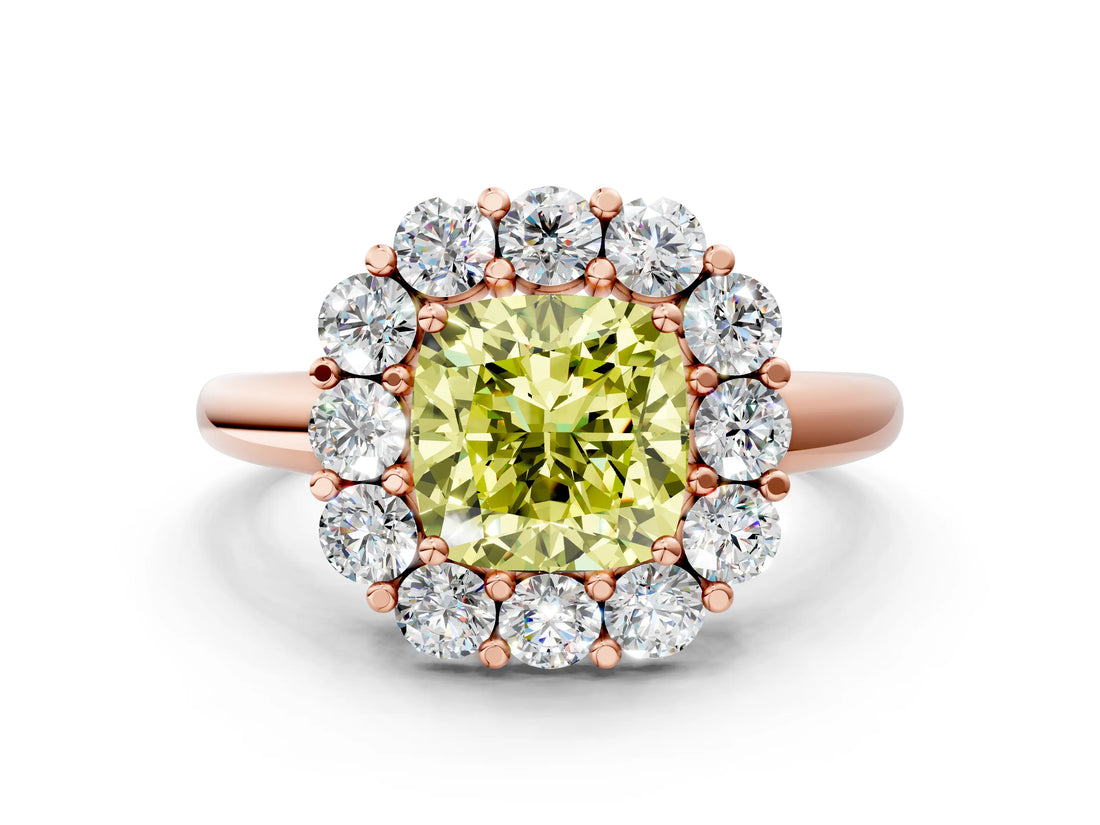 Rose gold Fancy Yellow Cushion  Halo Cluster Diamond Engagement Ring with Prong Setting and Polished Band_45