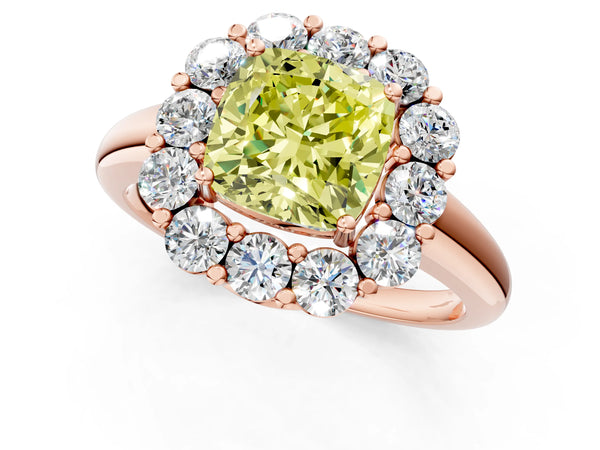 Rose gold Fancy Yellow Cushion  Halo Cluster Diamond Engagement Ring with Prong Setting and Polished Band