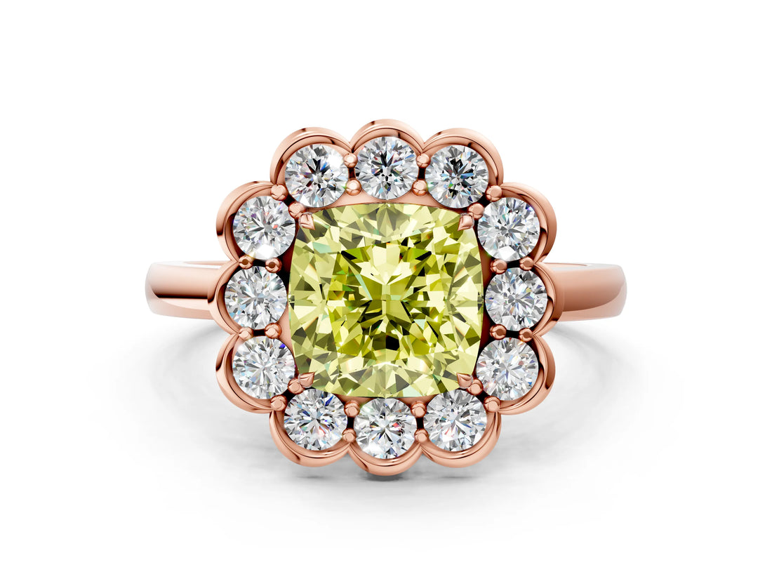Rose gold Fancy Yellow Cushion  Halo Cluster Diamond Engagement Ring with Solitaire Band and Prong Setting_49