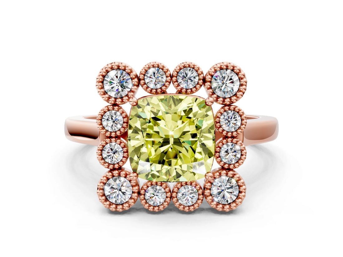 Rose gold Fancy Yellow Cushion  Halo Diamond Cluster Engagement Ring with Milgrain Bezel Setting and Solitaire Band_63