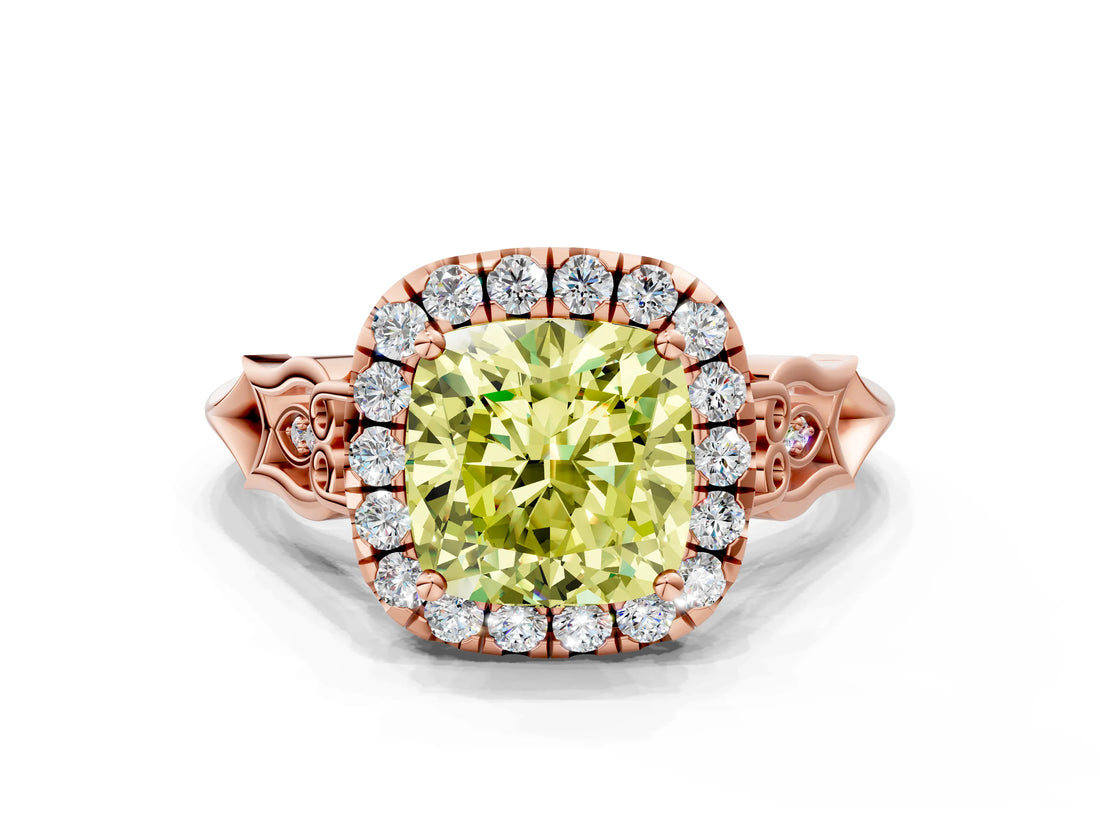 Rose gold Fancy Yellow Cushion  Halo Diamond Engagement Ring with Filigree Band and Four-Prong Setting_81