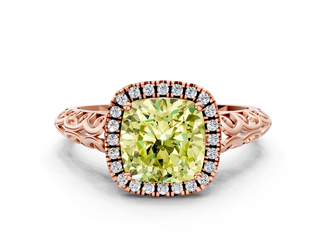 Rose gold Fancy Yellow Cushion  Halo Diamond Engagement Ring with Intricate Filigree Band and Four-Prong Setting_37