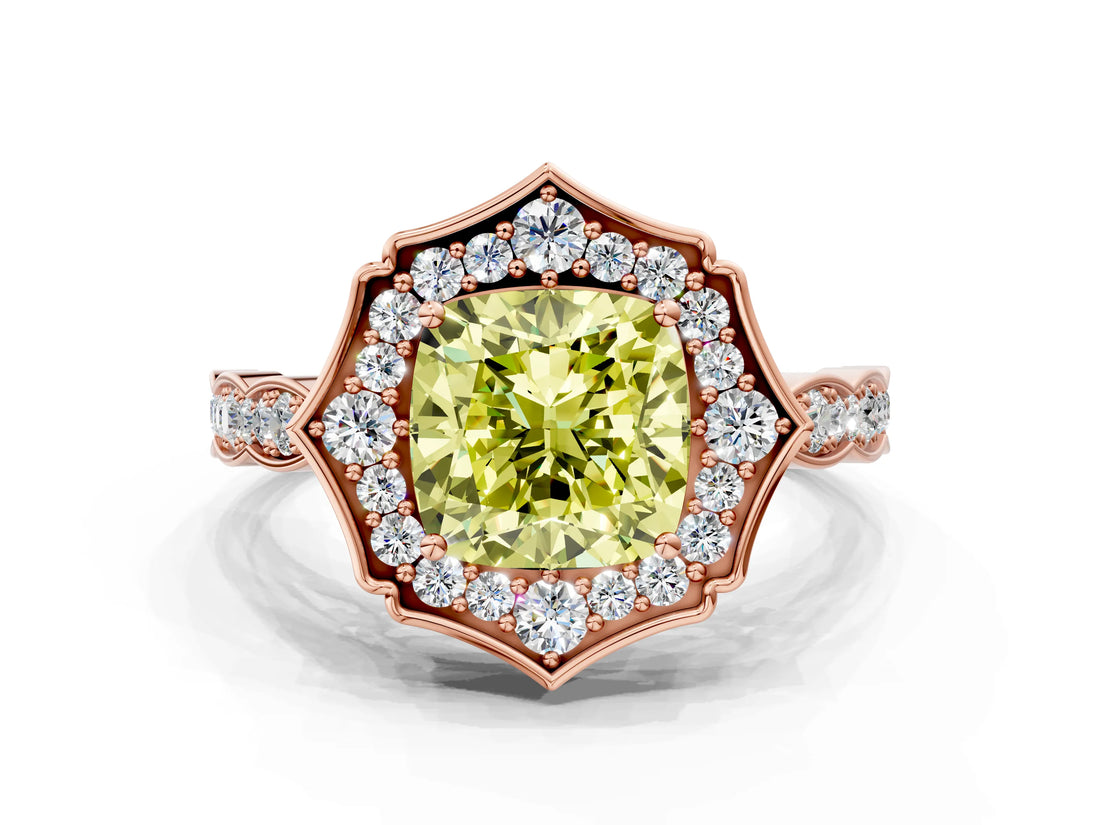 Rose gold Fancy Yellow Cushion  Halo Diamond Engagement Ring with Milgrain Band and Four-Prong Setting_54