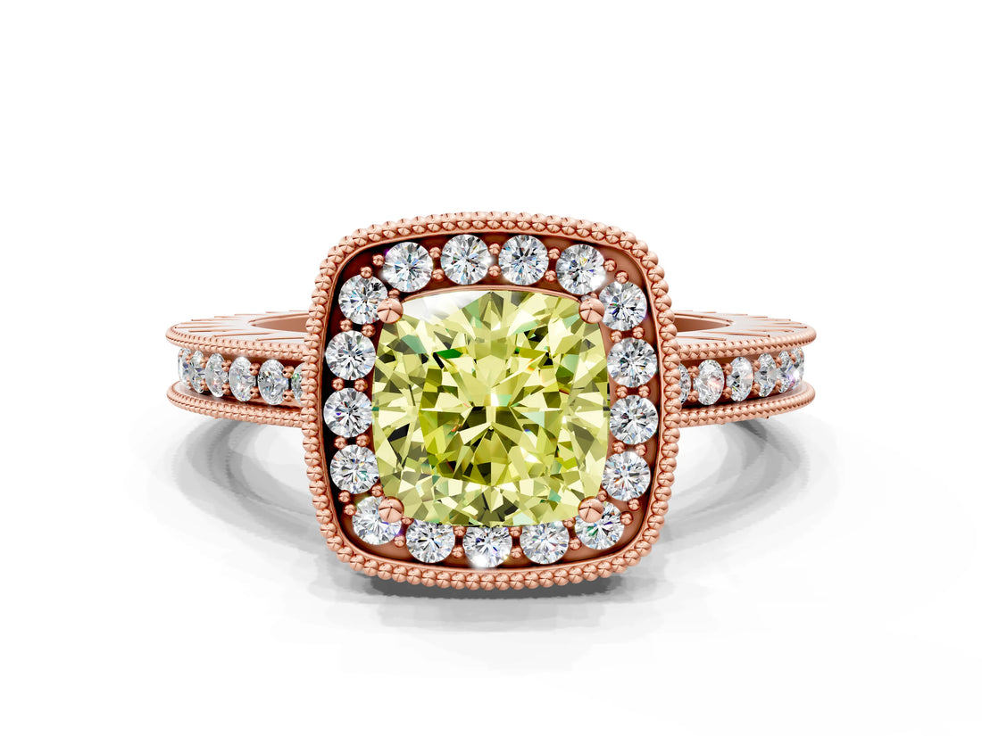 Rose gold Fancy Yellow Cushion  Halo Diamond Engagement Ring with Milgrain Pave Band and Four-Prong Setting_176