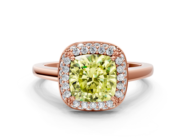 Rose gold Fancy Yellow Cushion  Halo Diamond Engagement Ring with Solitaire Band and Four-Prong Setting