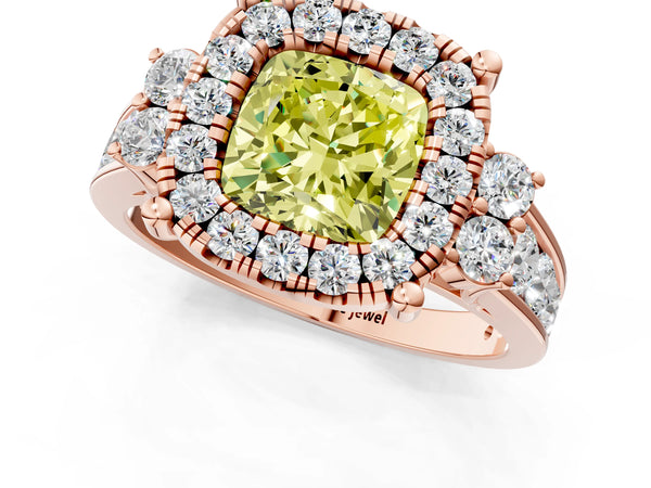 Rose gold Fancy Yellow Cushion  Halo Diamond Engagement Ring with Split Shank and Four-Prong Setting