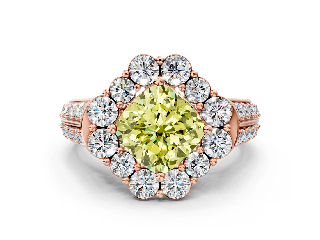 Rose gold Fancy Yellow Cushion  Halo Diamond Engagement Ring with Split Shank and Prong Setting_66