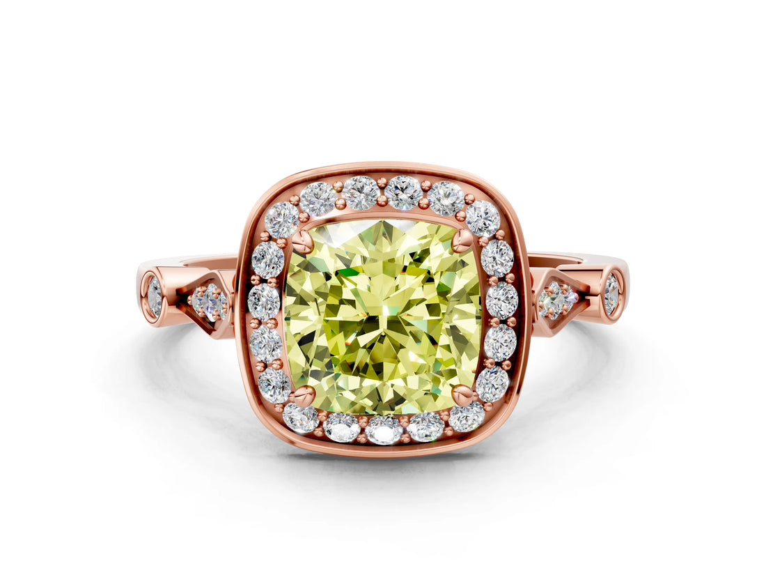 Rose gold Fancy Yellow Cushion  Halo Diamond Engagement Ring with Twisted Band and Four-Prong Setting 1