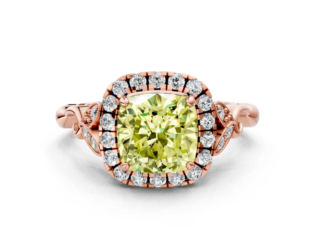 Rose gold Fancy Yellow Cushion  Halo Diamond Engagement Ring with Vintage-Inspired Band and Four-Prong Setting_3