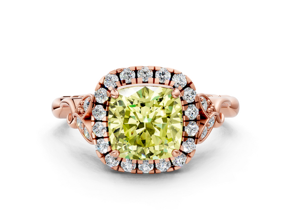 Rose gold Fancy Yellow Cushion  Halo Diamond Engagement Ring with Vintage-Inspired Band and Four-Prong Setting