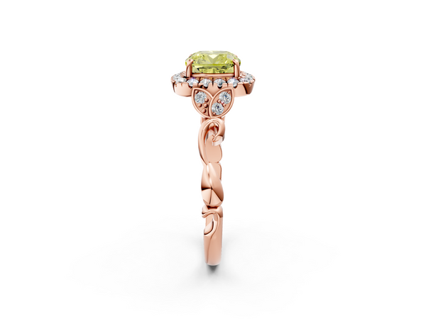 Rose gold Fancy Yellow Cushion  Halo Diamond Engagement Ring with Vintage-Inspired Band and Four-Prong Setting