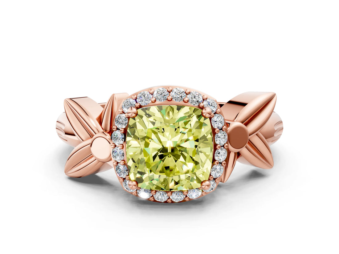 Rose gold Fancy Yellow Cushion  Halo Diamond Floral Band with Four-Prong Setting_56