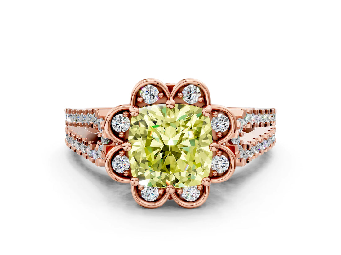 Rose gold Fancy Yellow Cushion  Halo Diamond Floral Split Shank Engagement Ring 2