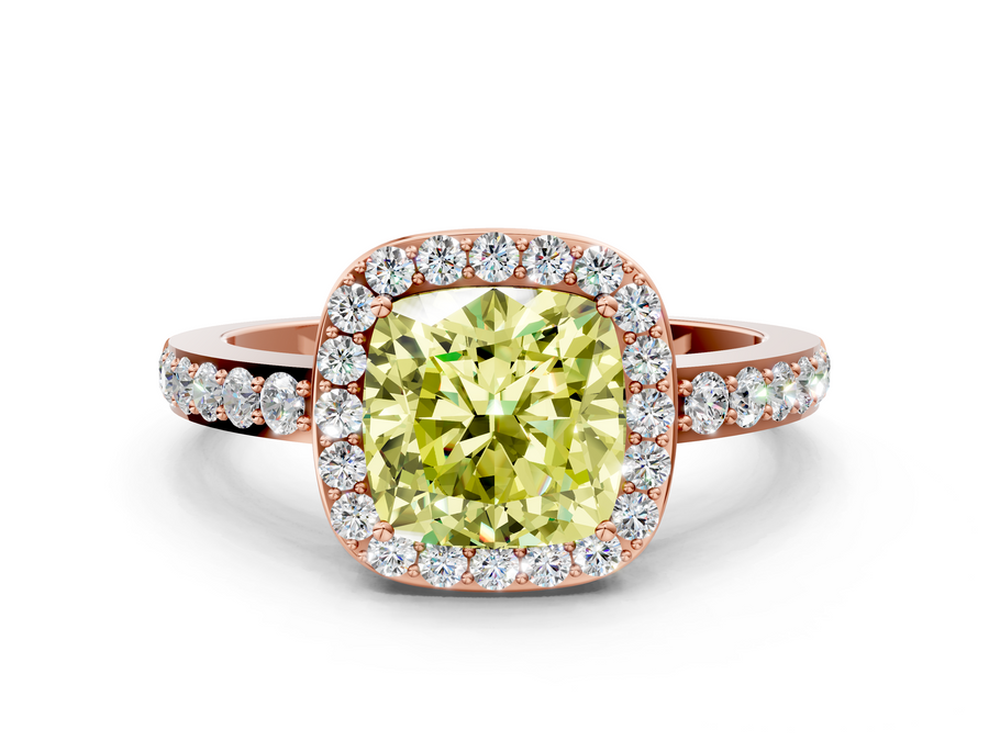 Rose gold Fancy Yellow Cushion  Halo Diamond Pavé Band Ring with Prong Setting