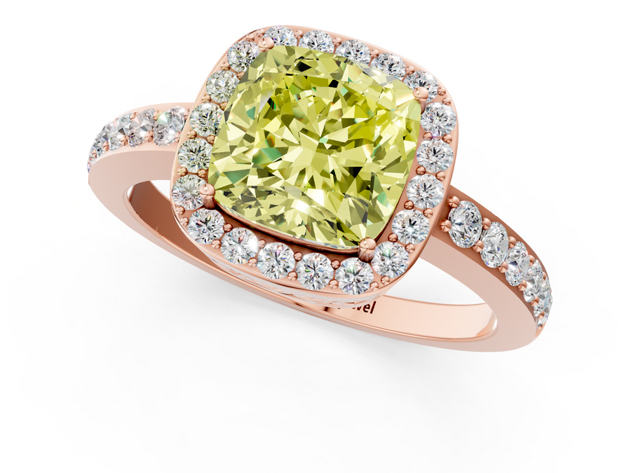 Rose gold Fancy Yellow Cushion  Halo Diamond Pavé Band Ring with Prong Setting