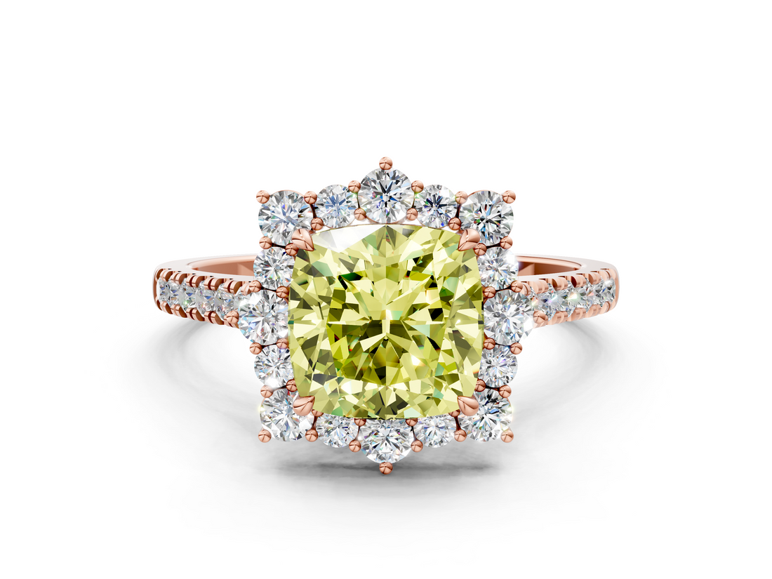 Rose gold Fancy Yellow Cushion  Halo Diamond Ring with Pavé Band and Prong Setting_36