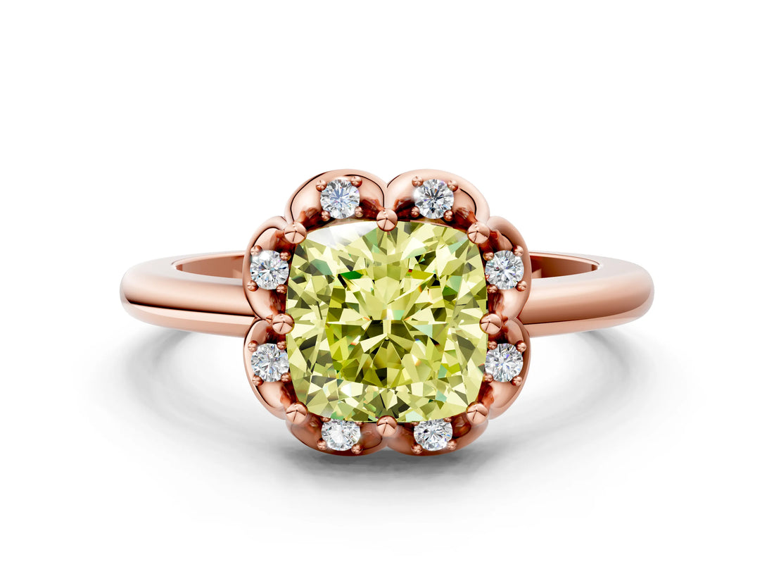 Rose gold Fancy Yellow Cushion  Halo Diamond Ring with Round Cluster Setting, Solitaire Band, and Four-Prong Setting_66
