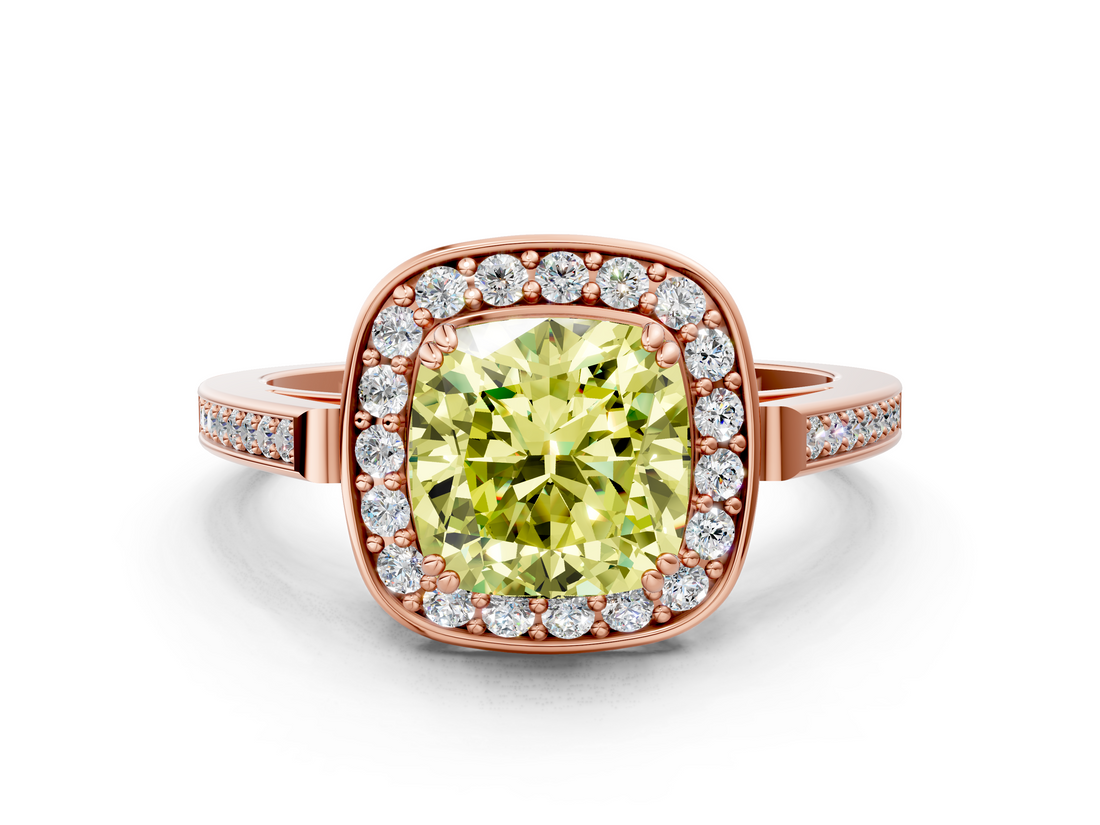 Rose gold Fancy Yellow Cushion  Halo Diamond Ring with Split Shank and Four-Prong Setting_45