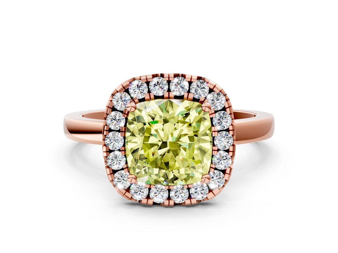 Rose gold Fancy Yellow Cushion  Halo Diamond Solitaire with Pavé Band and Four-Prong Setting_114